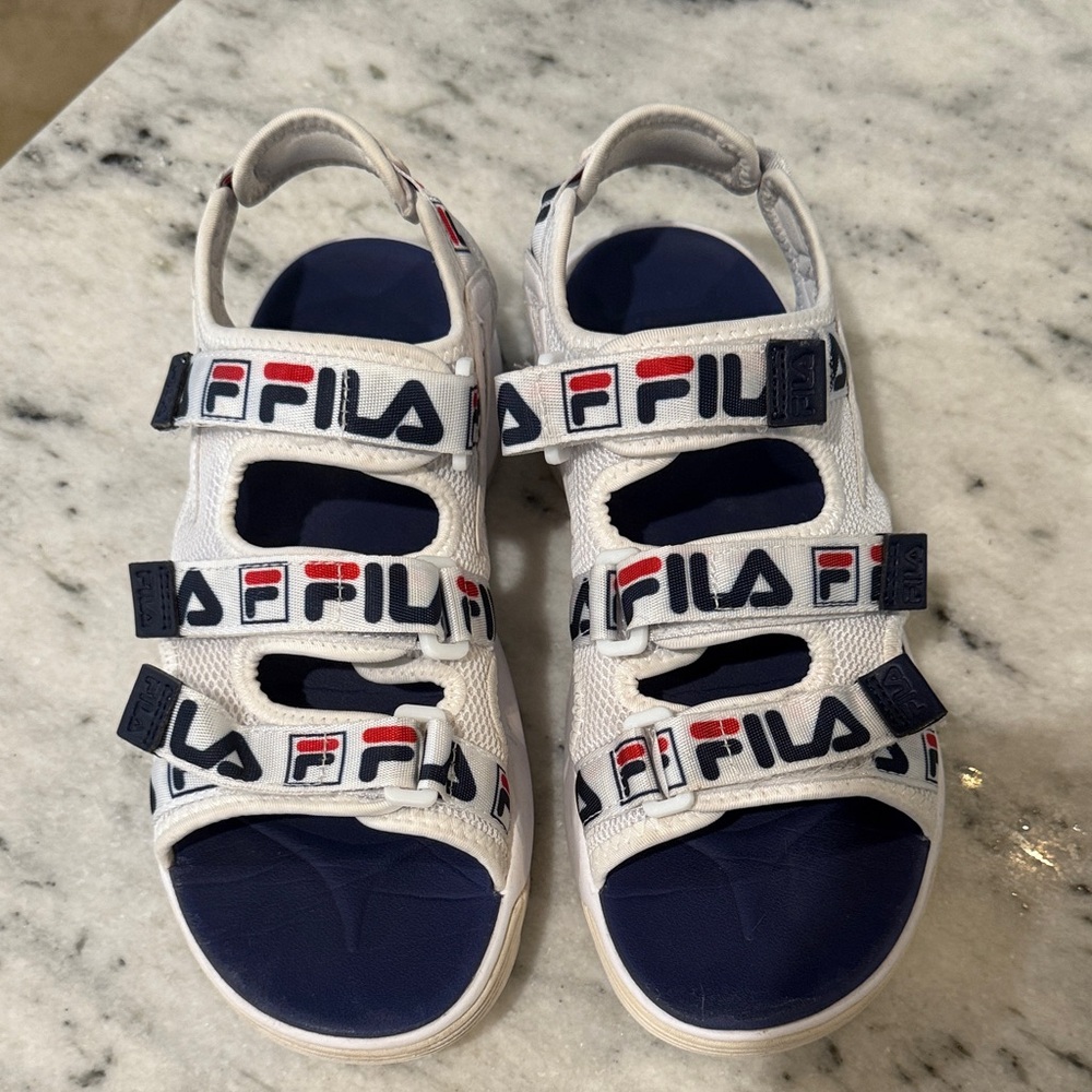 Fila White and Navy Logo Sandals